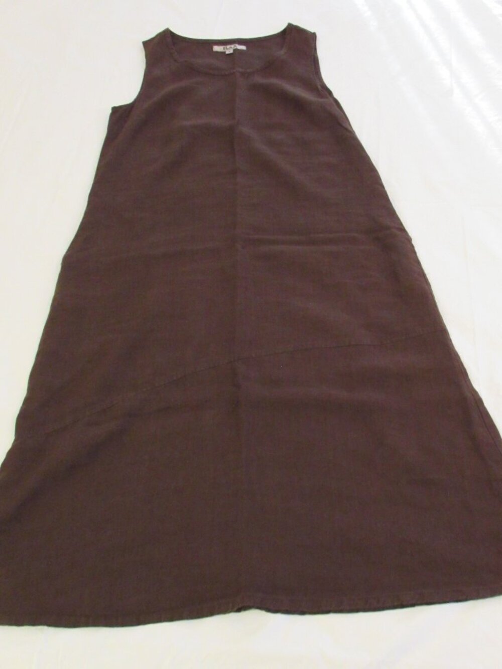 FLAX Sleeveless Brown Linen Maxi Dress Pockets USA Made Small